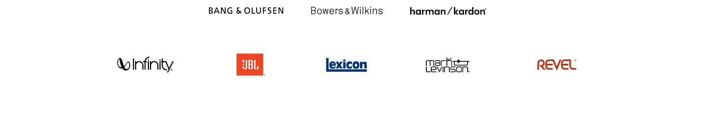 하만의 차량 오디오 솔루션이 적용되는 브랜드 로고가 나열되어 있습니다. 뱅앤올룹슨,바워스&윌킨스,인피니티,하만카돈,제이비엘,렉시콘,마크레빈슨,레벨 브랜드 로고가 보여집니다.